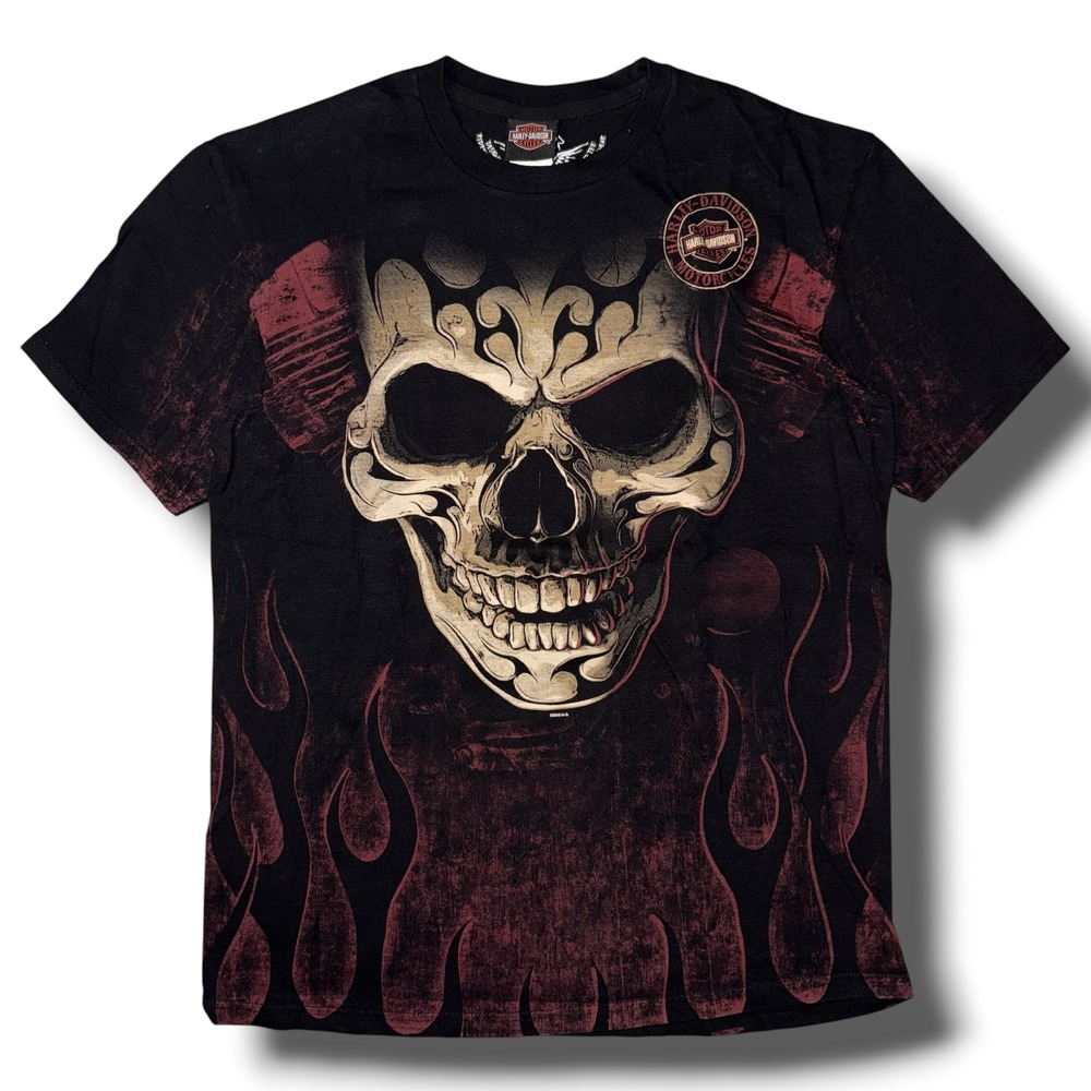 Harley-Davidson Skull Flames Graphic Tee Barnett's Las Cruces NM Black Men L